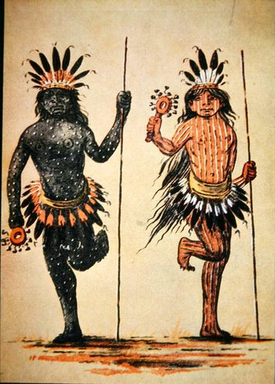 マンダン族の「昼」と「夜」の踊り（1835年頃の絵画より）（カラーリトグラフ 作： George (after) Catlin
