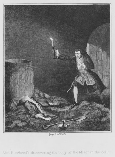 地下室でマイザーの遺体を発見するアベル・ビーチクロフト（彫刻作品 作： George (after) Cruikshank