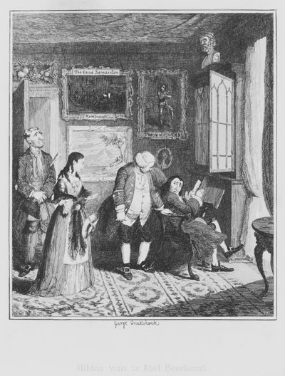 ヒルダがエイベル・ビーチクロフトを訪問したときの様子（エングレービング 作： George (after) Cruikshank