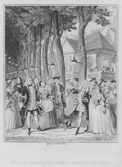 メアリー・ル・ボーン・ガーデンズで主人に会うミスター・クリップス（エングレーヴィング 作： George (after) Cruikshank