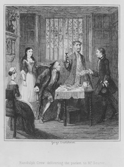 Mr.Scarveに小包を届けるランドルフ・クルー(エングレービング) 作： George (after) Cruikshank