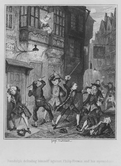 フィリップ・フレインとそのミュルミドンから身を守るランドルフ（彫刻 作： George (after) Cruikshank
