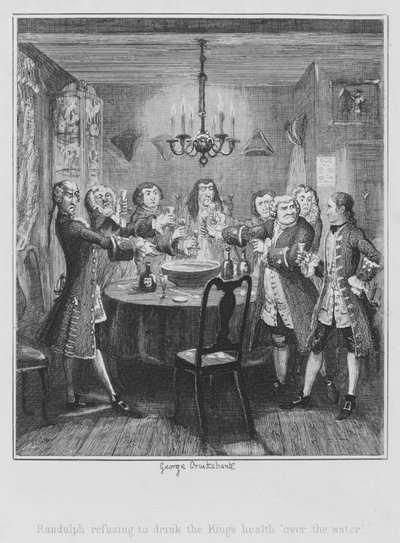 王の健康を「over the water」で飲むことを拒むランドルフ（彫刻 作： George (after) Cruikshank