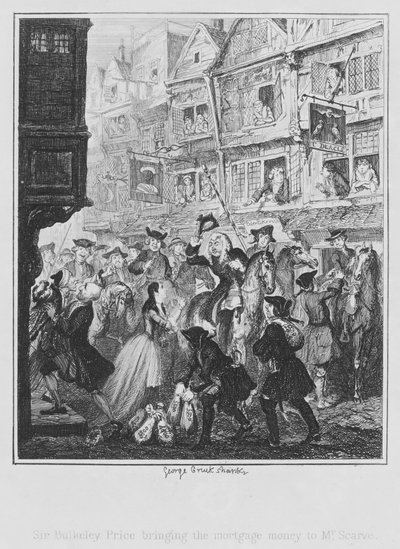 スカーヴ氏に住宅ローンのお金を持っていくバルクレイ・プライス卿（彫刻 作： George (after) Cruikshank