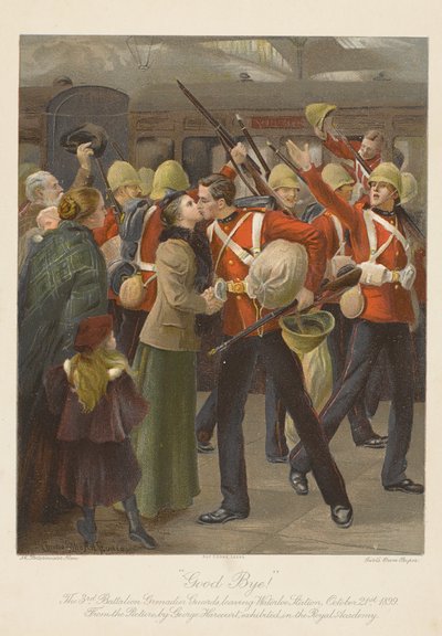 さよなら！ 1899 年 10 月 21 日、ウォータールー駅を出発する第 3 大隊擲弾兵ガード (chromolitho) 作： George (after) Harcourt