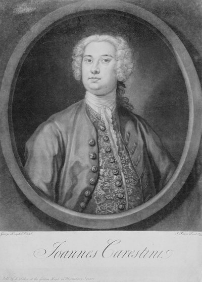 ジョアン・カレスティーニ（c.1705-60）の肖像画、イタリアのカストラート、ジョン・フェーバー（1684-1756）によって刻まれた 作： George (after) Knapton