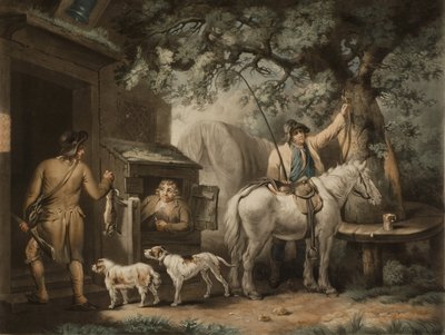 ウィリアム・ウォード（1766-1826）が彫った「スポーツマンの帰還」（メゾチント）。 作： George (after) Morland