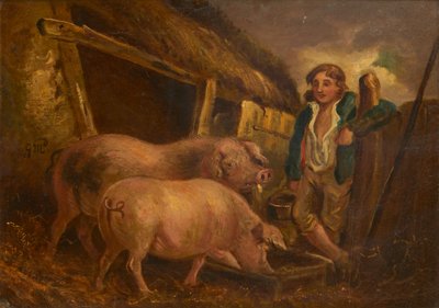 プライズピッグの世話（オイルオンボード） 作： George (follower of) Morland