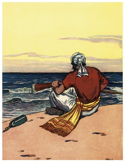荒涼とした島に捨てられた海賊が水平線を見ている イラストはジョージ・アルバート・ウィリアムズ（1875-1932）の「The Boys Books of Pirates」より 1914年 作： George Alfred Williams