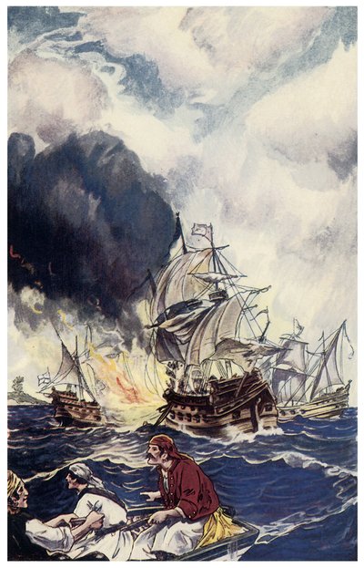 船に向かって投擲されたブルロット爆薬 ジョージ・アルバート・ウィリアムズ（1875-1932）の「Pirates of Panama or The Buccaneers of America」からのイラスト 1914年 作： George Alfred Williams