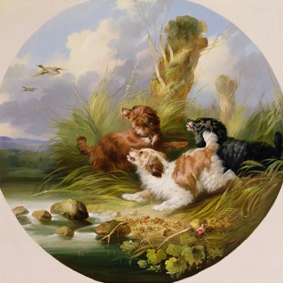 Three Spaniels Flushing Mallard（油彩・キャンバス 作： George Armfield