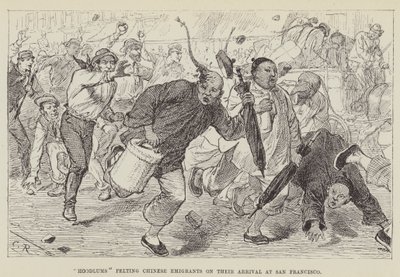 サンフランシスコに到着した中国人移民をむさぼり食うフッドラム 作： George Augustus Sala