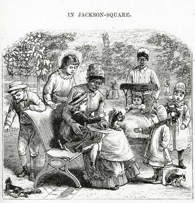 ニューオーリンズのジャクソン広場にて、「アメリカ再訪...」のイラスト。(エングレーヴィング) 作： George Augustus Sala