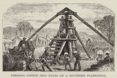 南部のプランテーションで綿をベールに押し込む 作： George Augustus Sala