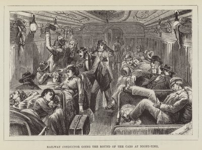 夜間に車の周りを行く鉄道指揮者 作： George Augustus Sala
