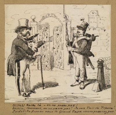 ゲートでジェントルマンを止める歩哨 作： George Augustus Sala