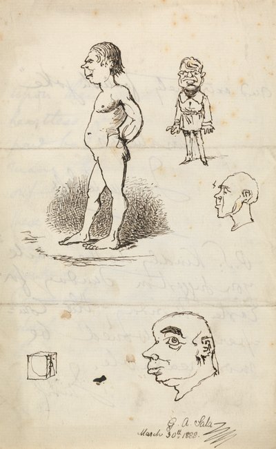 Luonnokset: alaston mies, seisova mies, kaksi profiilia ja laatikko 作： George Augustus Sala