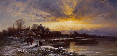 冬の風景、夕方（キャンバスに油彩） 作： George Augustus Williams