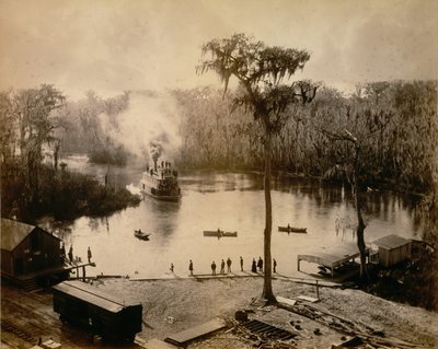 1886 年、セント ジョン川を一夜かけて駆け上がった後、フロリダ州シルバー スプリングスに到着するスターン ウィーラー。 作： George Barker