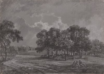 鹿、牛、人物のグループがいる公園のシーン 作： George Barret