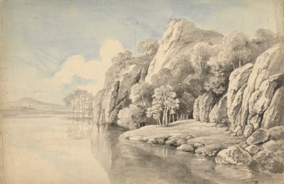 高い岩のある川岸 作： George Barret