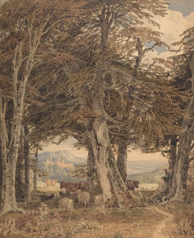 森の端で休む牛と羊、カリフォルニア州。 1840年。 作： George Barret the Younger