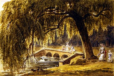 公園の飾り橋のそばにいる女性と子供（水彩・紙） 作： George Barrett