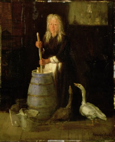 バターをかき回す女 (パネルに油彩) 作： George Benjamin Luks