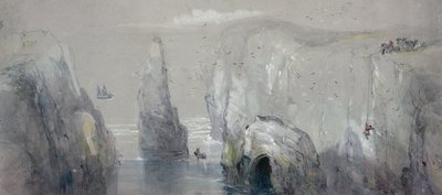 カモメの卵を集めている男性のグループを示す、フラムバラヘッドのビュー 作： George Bryant Campion
