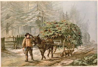 ロバとカートをリードする少年、ビクトリア朝のクリスマスカードクロモリト 作： George C. Leighton