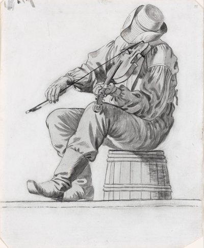 バイオリン弾き（『陽気な平舟乗り』のための習作）（レクト） 作： George Caleb Bingham