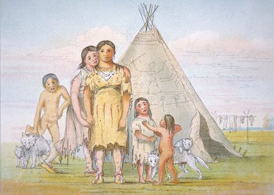 コマンチ族の家族がティピーの外で 作： George Catlin