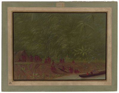 村の野営地 - 船のスケッチ 作： George Catlin
