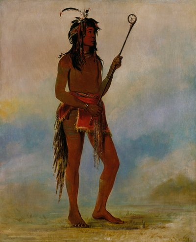 Ah-nó-je-nahge、両サイドに立つ者、著名なボール プレーヤー、1835 年。 作： George Catlin