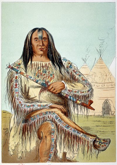 アメリカン・インディアンブラックフット族（黒い足）のリーダーの肖像 年齢約50歳。ジョージ・カトリン（1794-1872）によるイラスト 作： George Catlin