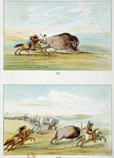 アメリカン・インディアン：バイソン狩り。イラスト：ジョージ・カトリン（1794-1872 作： George Catlin