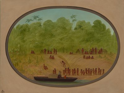 アン オマグア ビレッジ - ボート スケッチ、18541869。 作： George Catlin