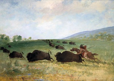 1846～1848年、バッファローを槍で突き刺すオーセージ・インディアン。 作： George Catlin