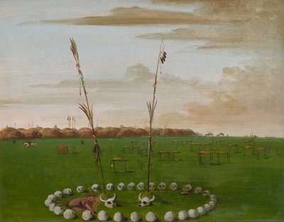 墓地を示すマンダン村の背面図、1832年。 作： George Catlin
