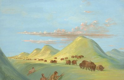 ミズーリ州でバッファローに近づくバティステ、ボガード、および私、1837～1839年。 作： George Catlin
