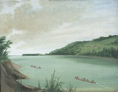 Belle Vue、1832 年、セントルイスから 870 マイル上空にあるドハティ少佐のインド機関。 作： George Catlin