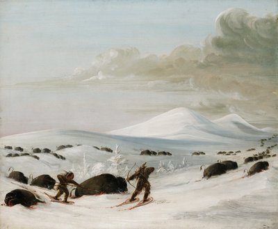 スノーシューを履いて追いかけるインディアンと雪崩の中のバッファローチェイス 作： George Catlin