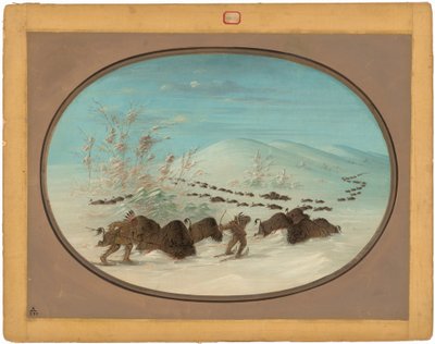 雪の吹きだまりでのバッファロー チェイス - Ojibbeway 作： George Catlin