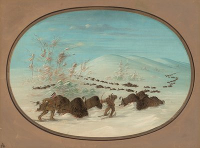 雪の吹きだまりのバッファロー チェイス - Ojibbeway、18611869。 作： George Catlin