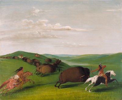 弓と槍を持ったバッファローチェイス、1832-1833。 作： George Catlin