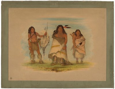 カマンチーのチーフ、妻と戦士、1861年（板紙にカードに油彩を塗ったもの） 作： George Catlin