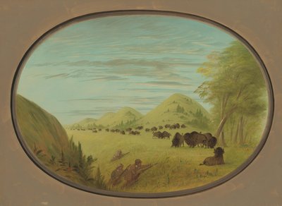 バッファローを撃つカトリンと 2 人の仲間、18611869。 作： George Catlin