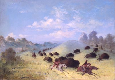 槍と弓でバッファローを追うコマンチ・インディアン 作： George Catlin