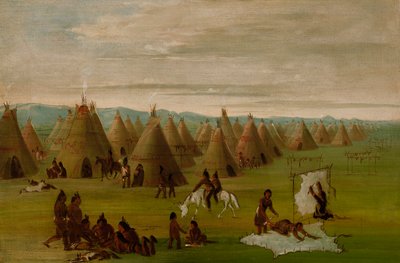 コマンチ族の村、衣を整え肉を干す女性たち 作： George Catlin