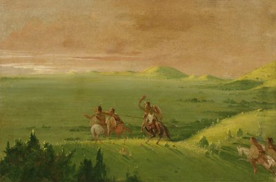 コマンチ戦争党、敵を発見し、日の出で彼の部下を促したチーフ、1834-1835。 作： George Catlin